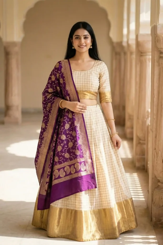 Contrast Shade Munga Silk Banarasi Lehenga