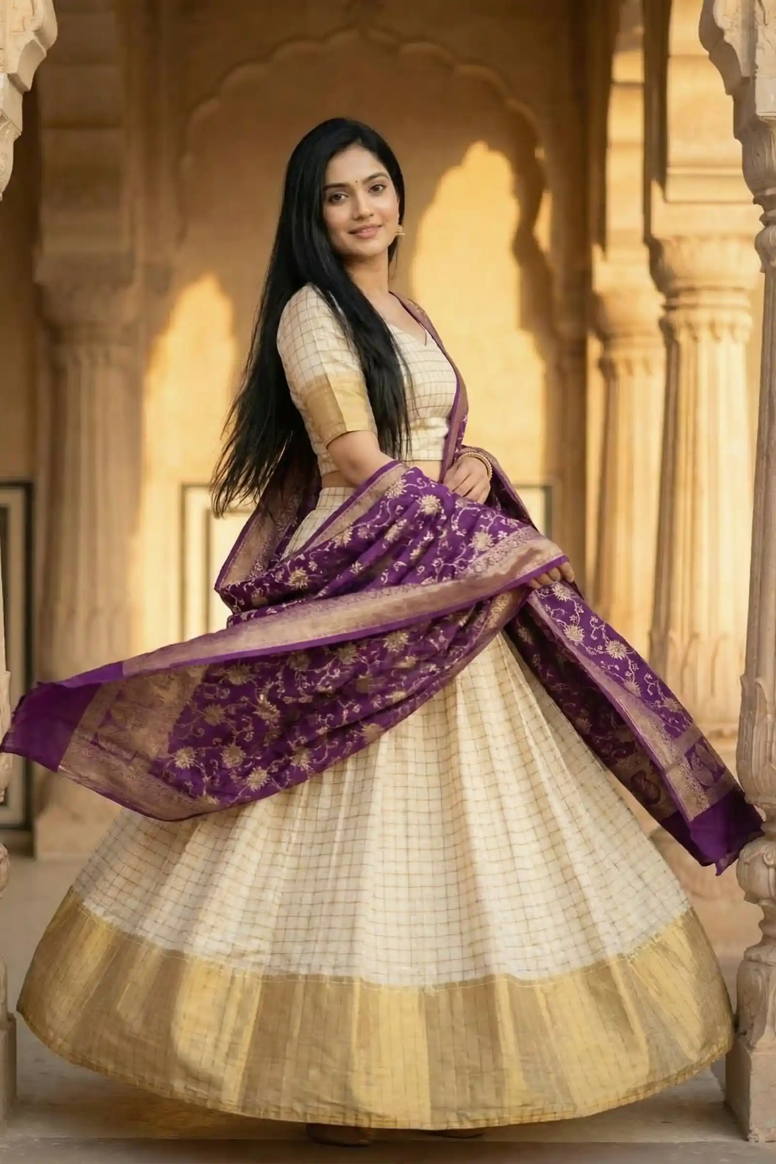 Contrast Shade Munga Silk Banarasi Lehenga