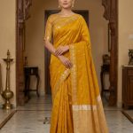 Mustard Chiniya Silk Pure Banarasi Saree With Beautiful Booti & Floral Zari Border Work