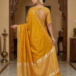 Mustard Chiniya Silk Pure Banarasi Saree With Beautiful Booti & Floral Zari Border Work