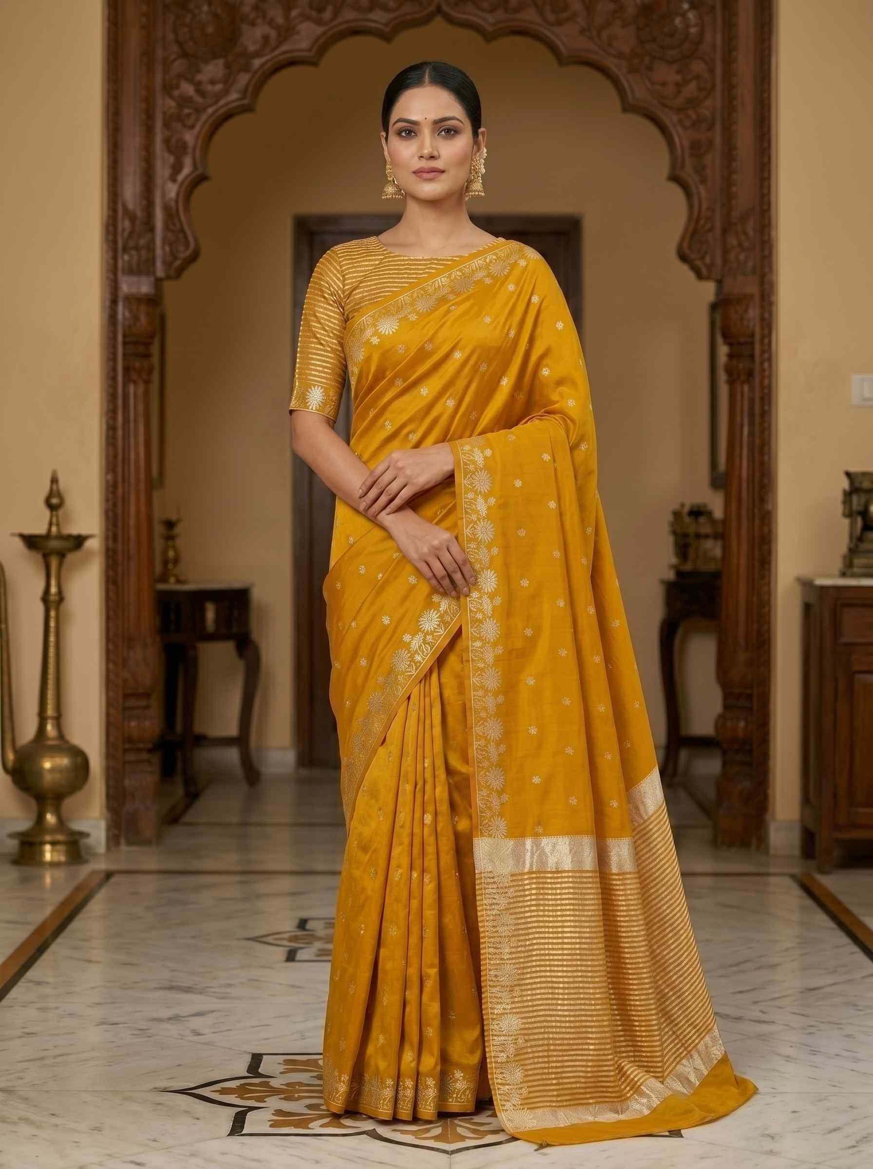 Mustard Chiniya Silk Pure Banarasi Saree With Beautiful Booti & Floral Zari Border Work