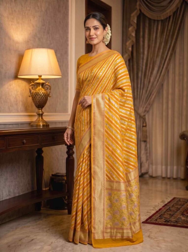 Mustard Handwoven Khaddi Georgette Banarasi Silk Saree