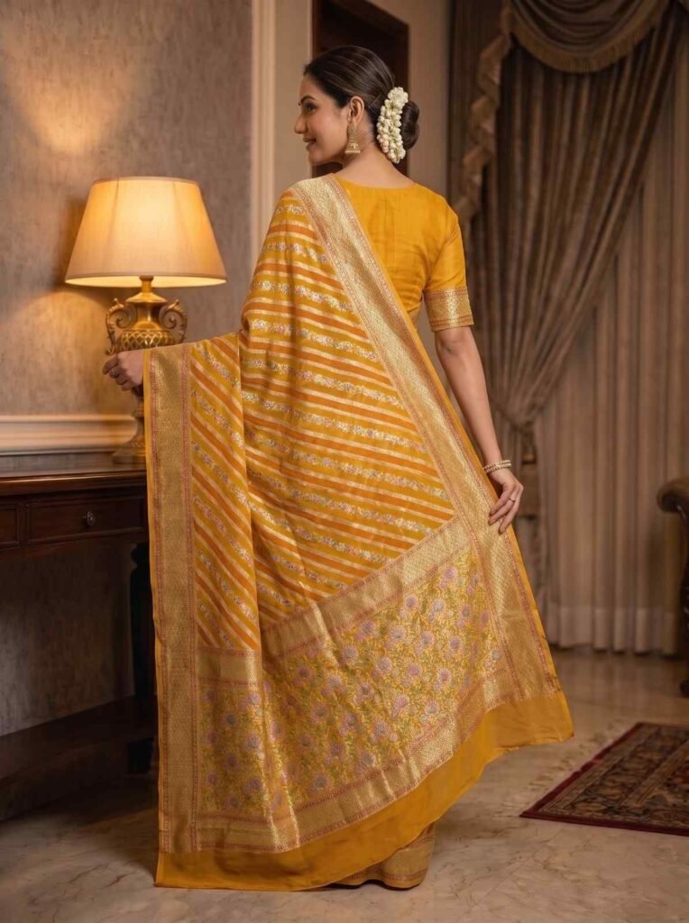 Mustard Handwoven Khaddi Georgette Banarasi Silk Saree