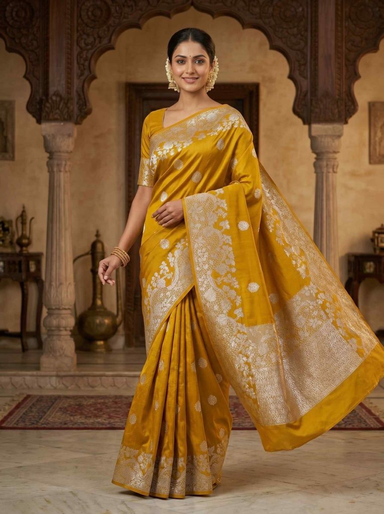 Mustard Handwoven Raw Mango Silk Banarasi Saree