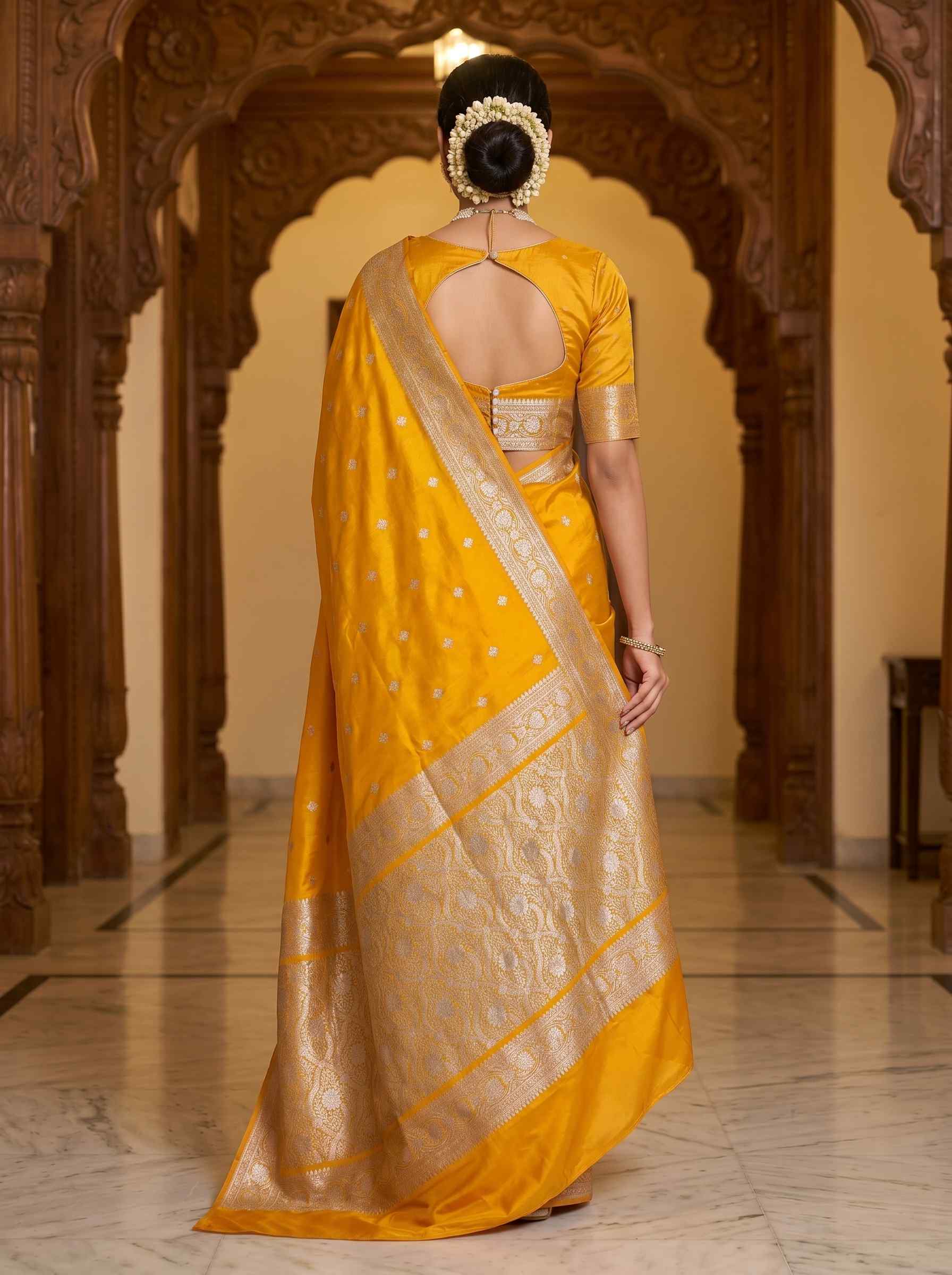 Yellow Mashru Silk Banarasi Saree