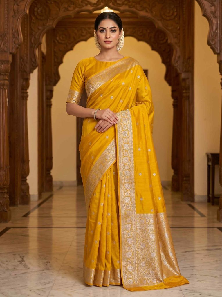 Yellow Mashru Silk Banarasi Saree