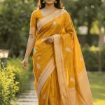 Mustard Viscose Silk Pure Banarasi Saree With Beautiful Floral Leaf Zari With Red Minakari Work
