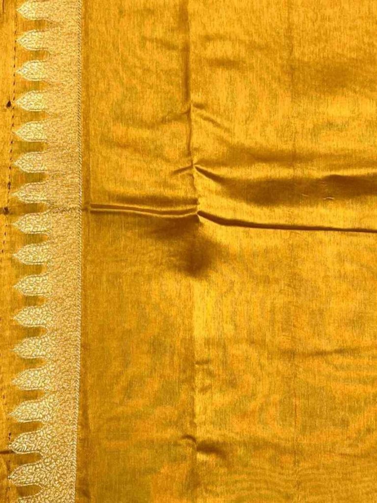 Mustard Viscose Silk Pure Banarasi Saree With Beautiful Floral Leaf Zari With Red Minakari Work