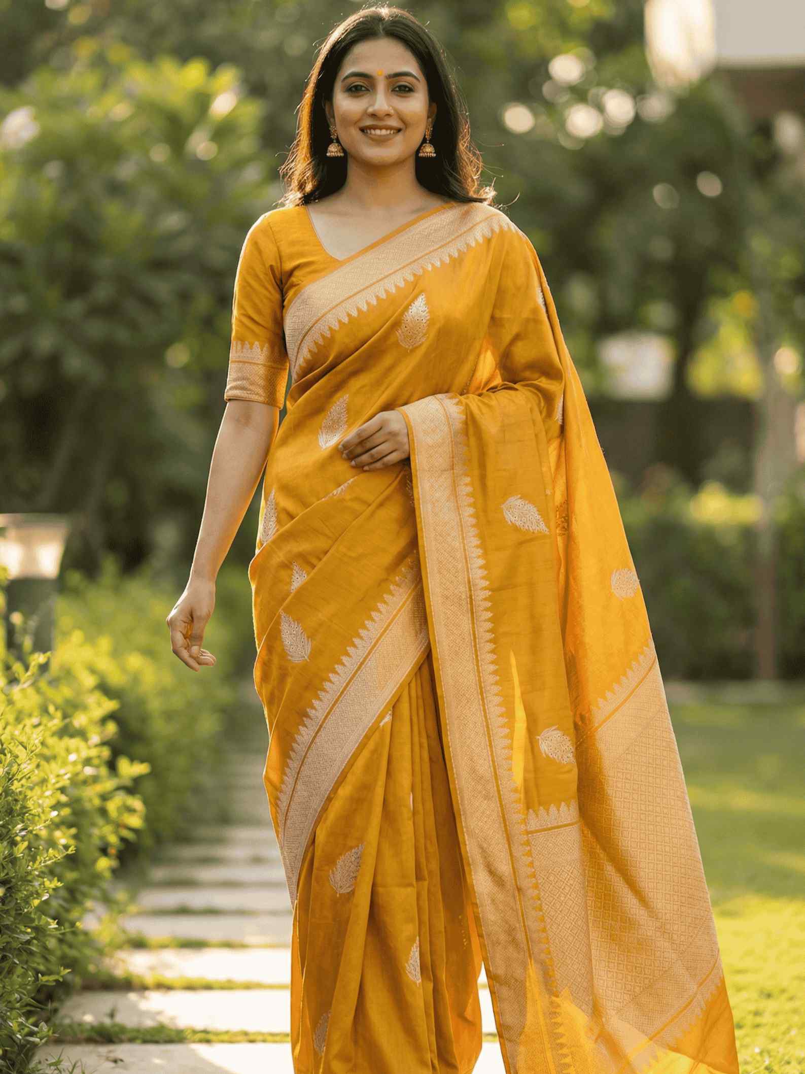 Mustard Viscose Silk Pure Banarasi Saree With Beautiful Floral Leaf Zari With Red Minakari Work