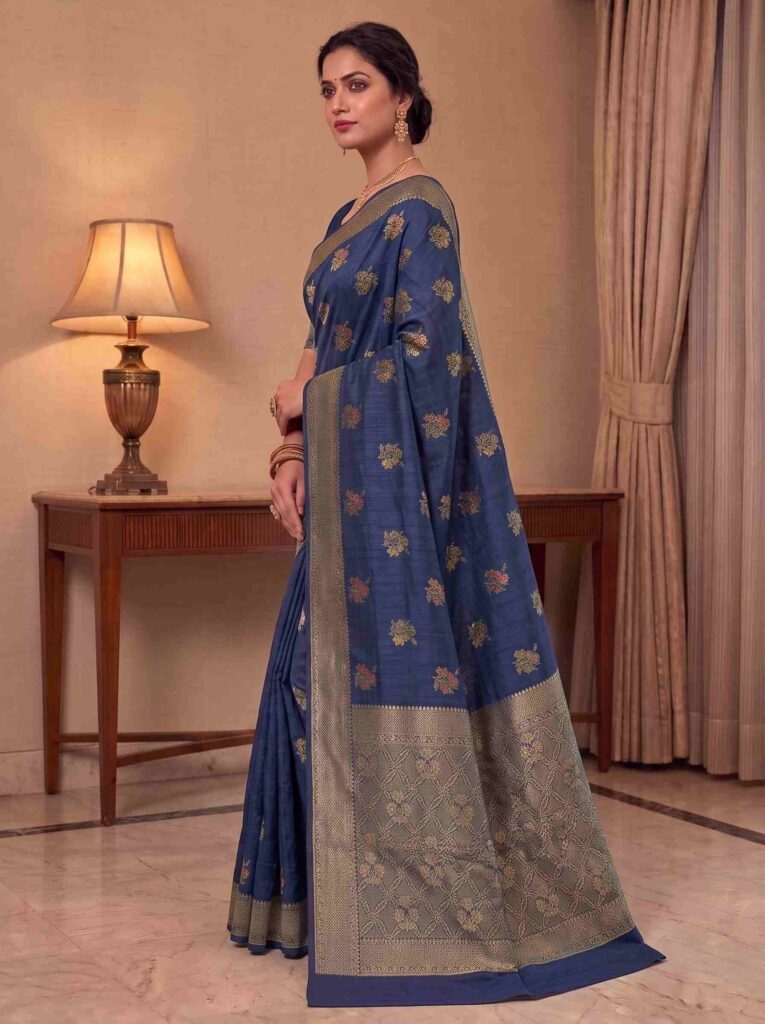 Navy Blue Munga Silk Banarasi Saree