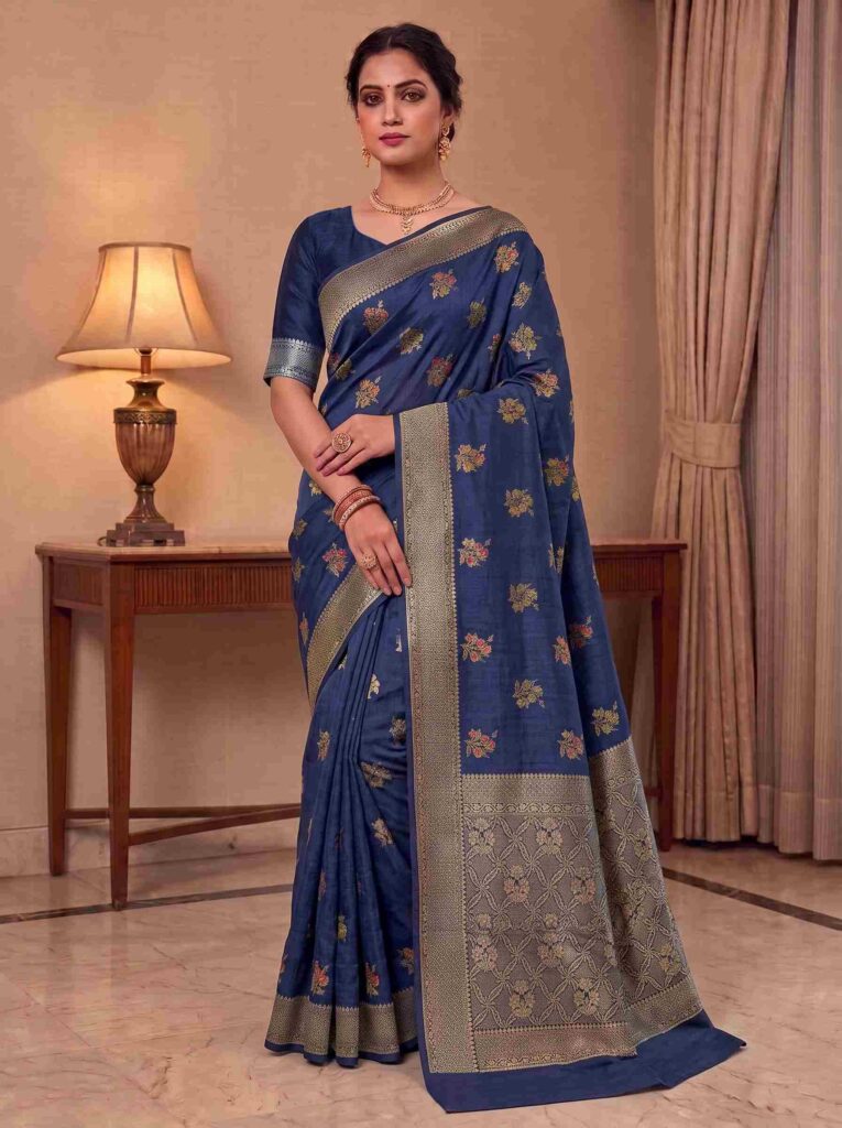 Navy Blue Munga Silk Banarasi Saree