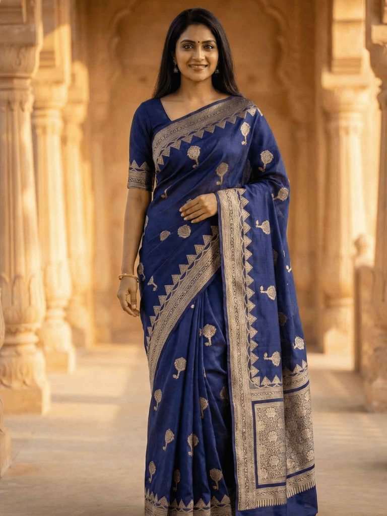 NavyBlue Viscose Silk Pure Banarasi Saree With Beautiful Floral & Minakari Work