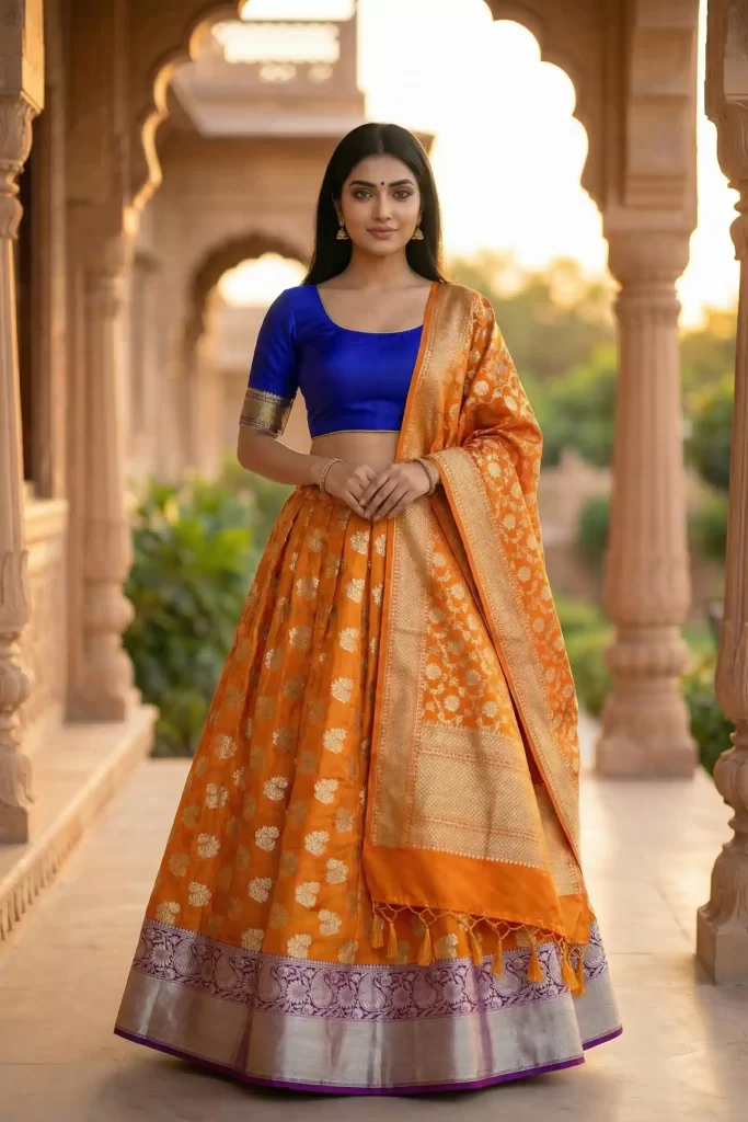 Orange Kataan Semi Silk Unstiched Banarasi Lehenga