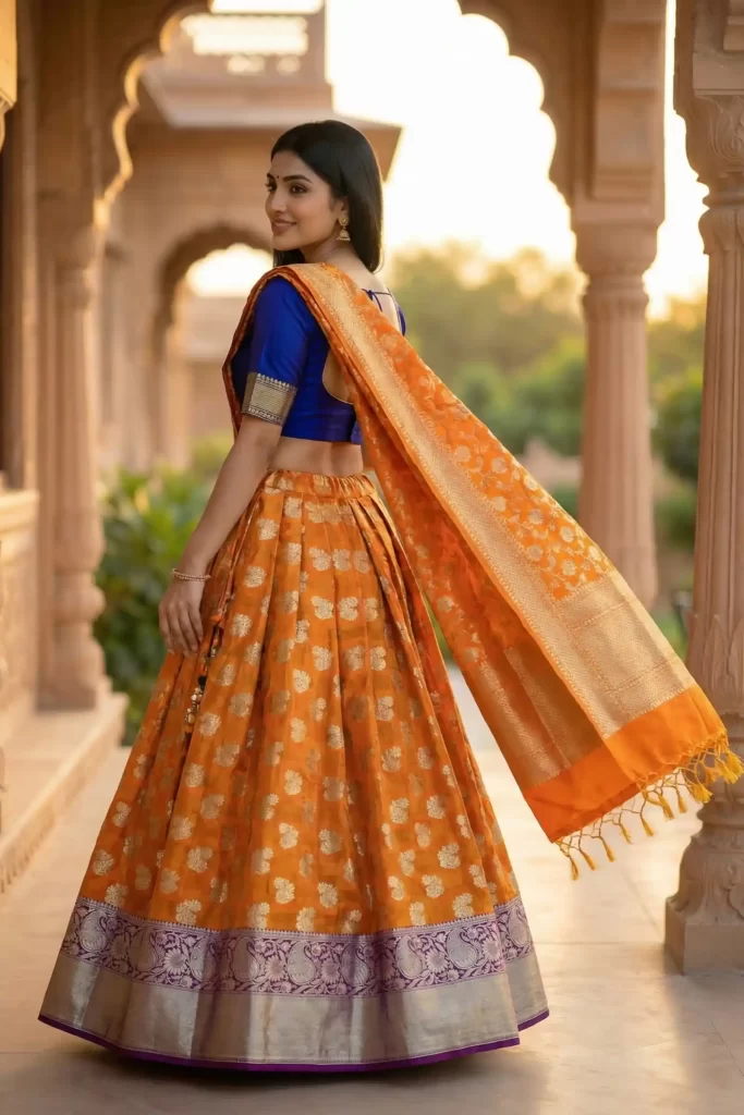 Orange Kataan Semi Silk Unstiched Banarasi Lehenga
