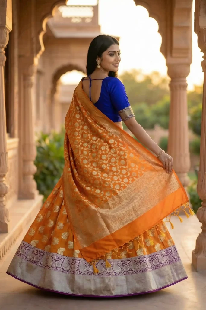 Orange Kataan Semi Silk Unstiched Banarasi Lehenga