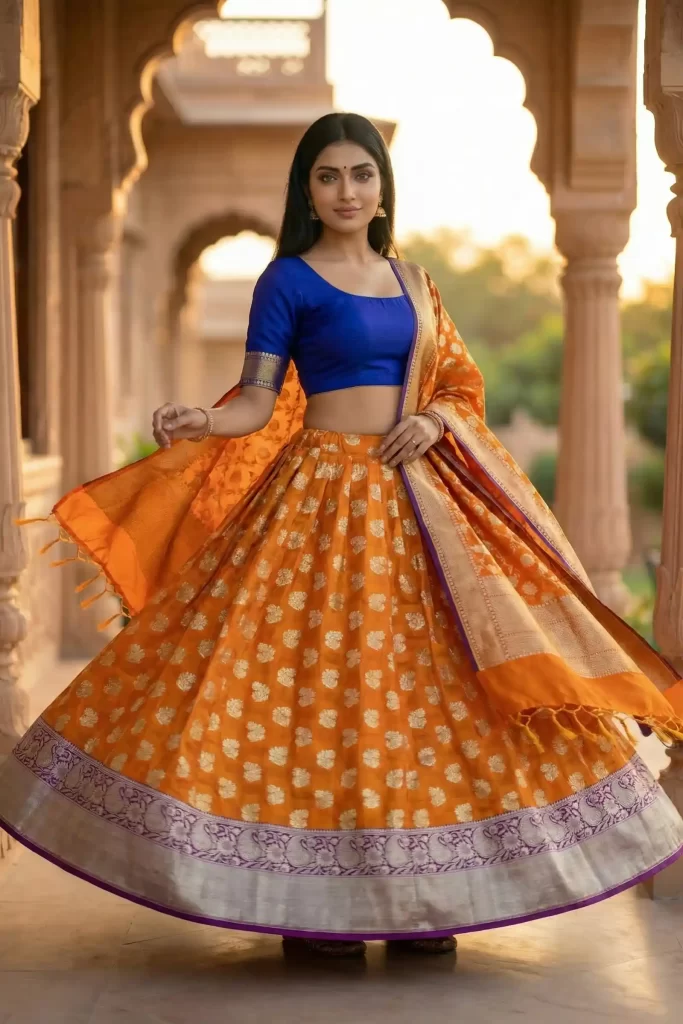 Orange Kataan Semi Silk Unstiched Banarasi Lehenga