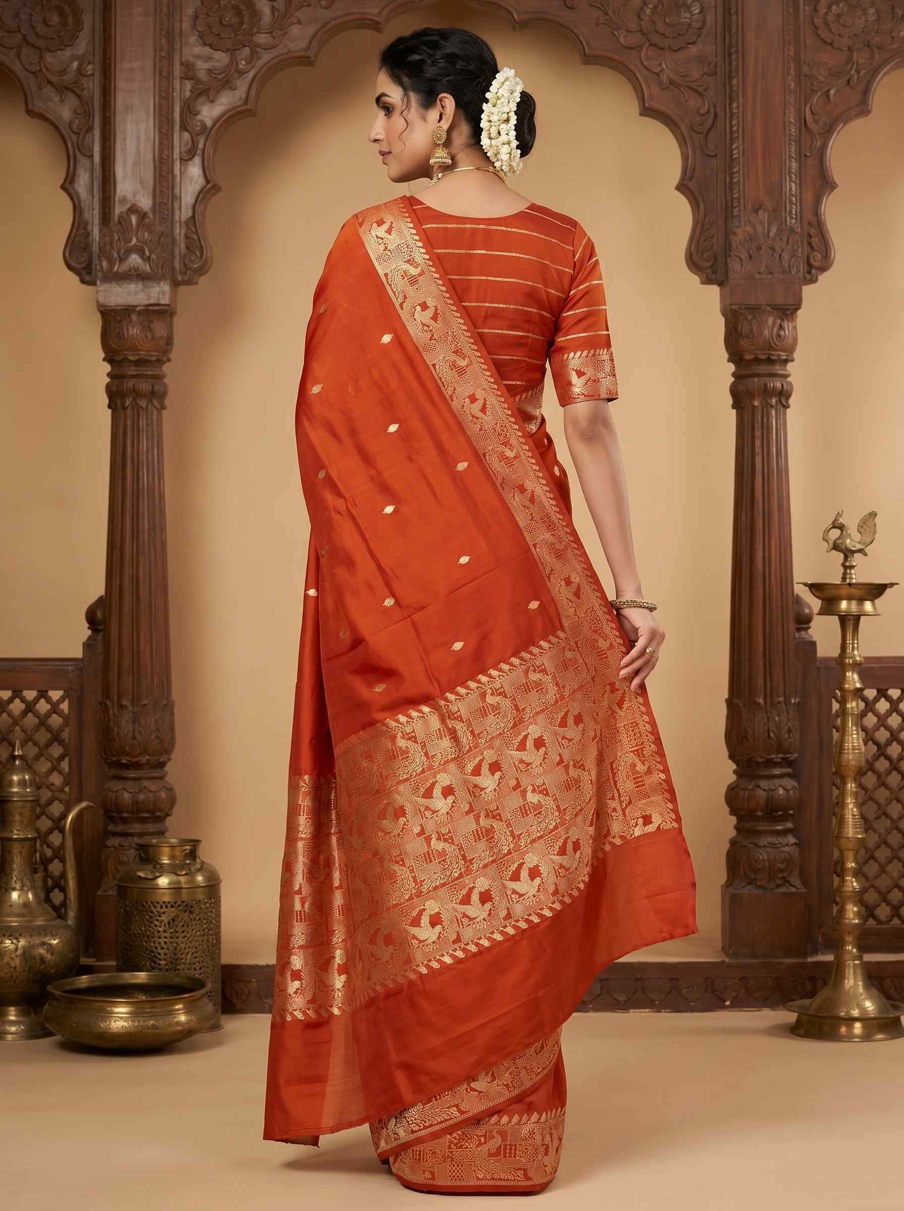 Orange Handwoven Mango Silk Banarasi Saree