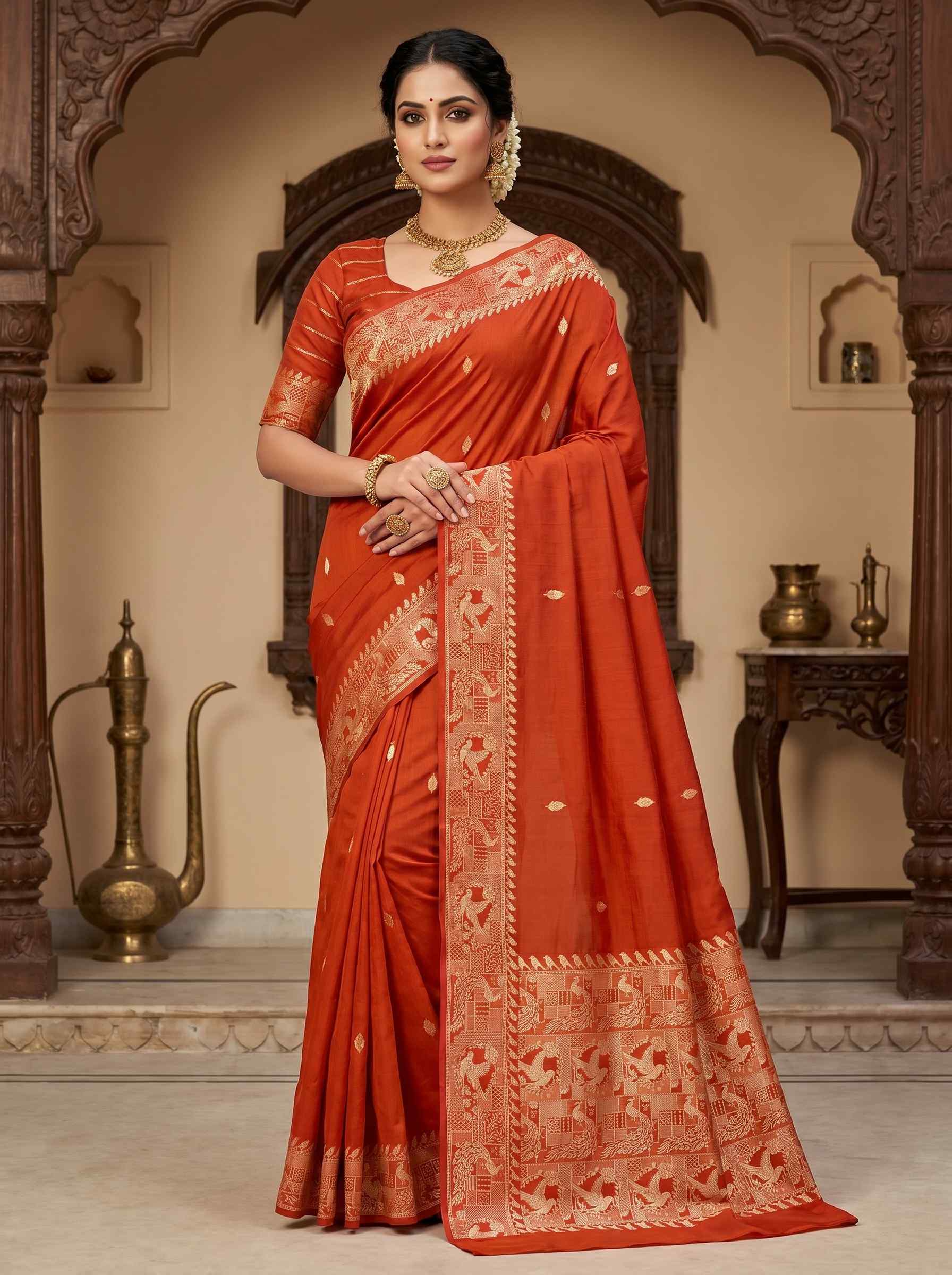 Orange Handwoven Mango Silk Banarasi Saree