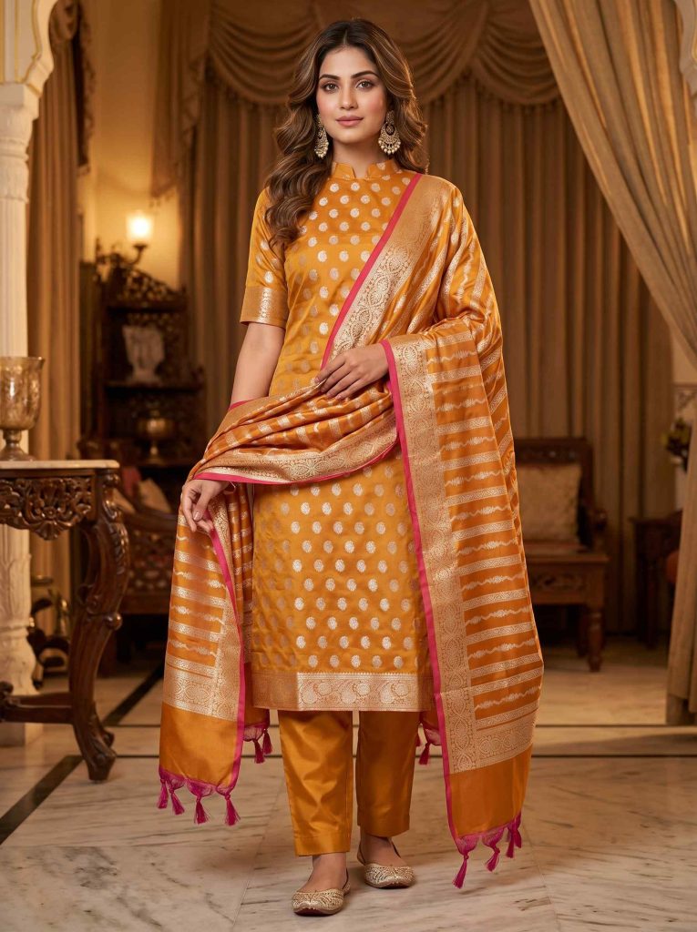 Orange Semi Silk Banarasi Dress Material