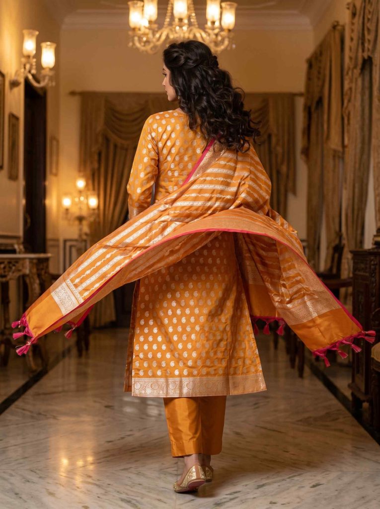 Orange Semi Silk Banarasi Dress Material