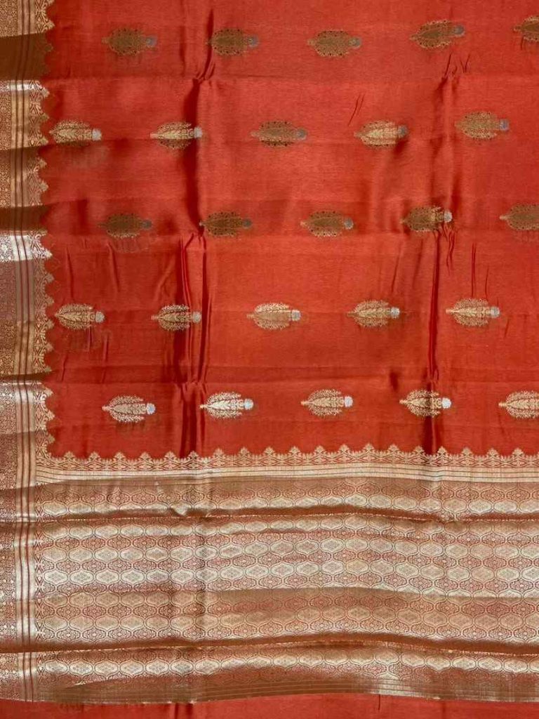Orange Viscose Silk Pure Banarasi Saree With Beautiful White Mina Floral Zari Work