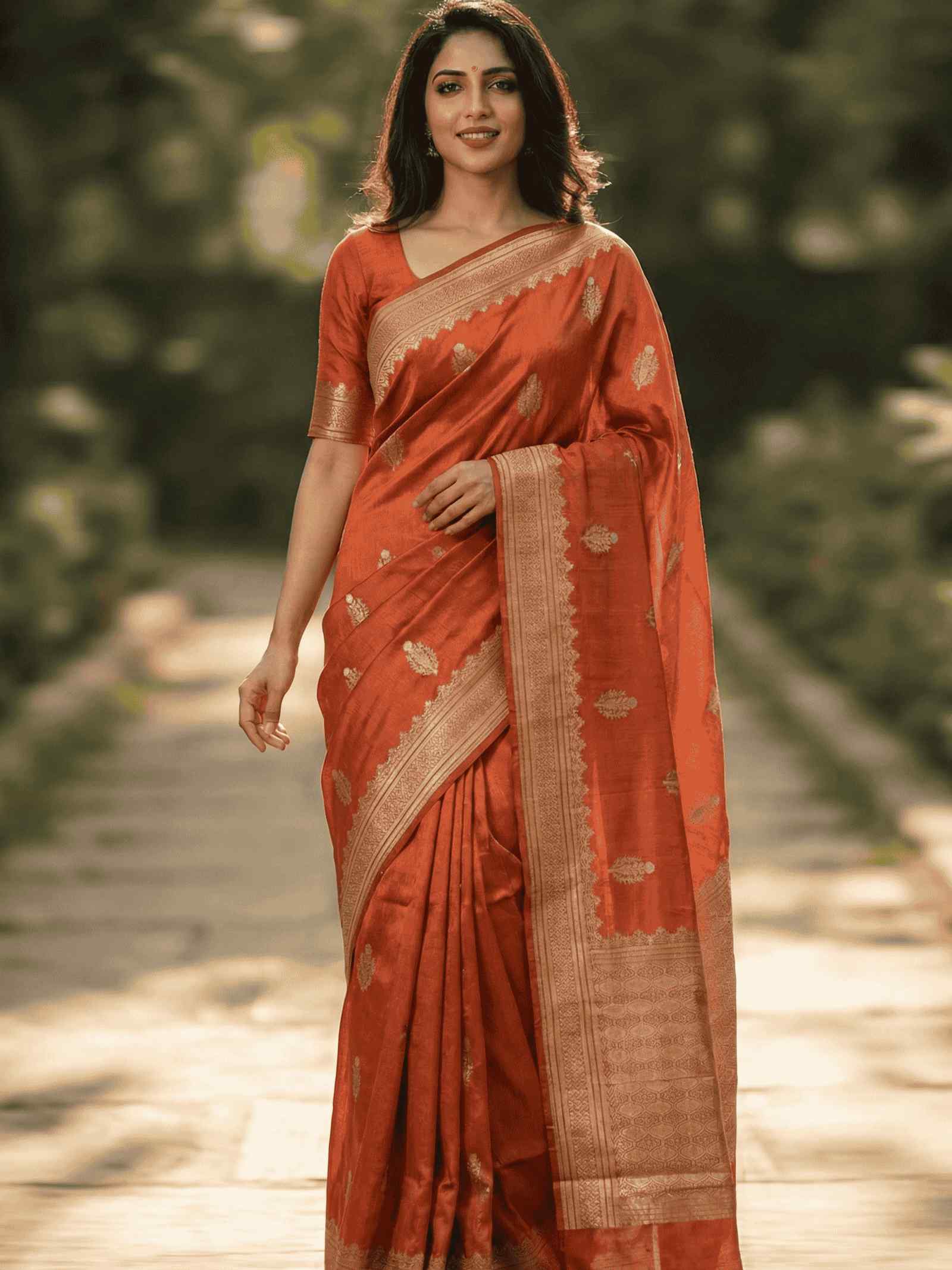 Orange Viscose Silk Pure Banarasi Saree With Beautiful White Mina Floral Zari Work