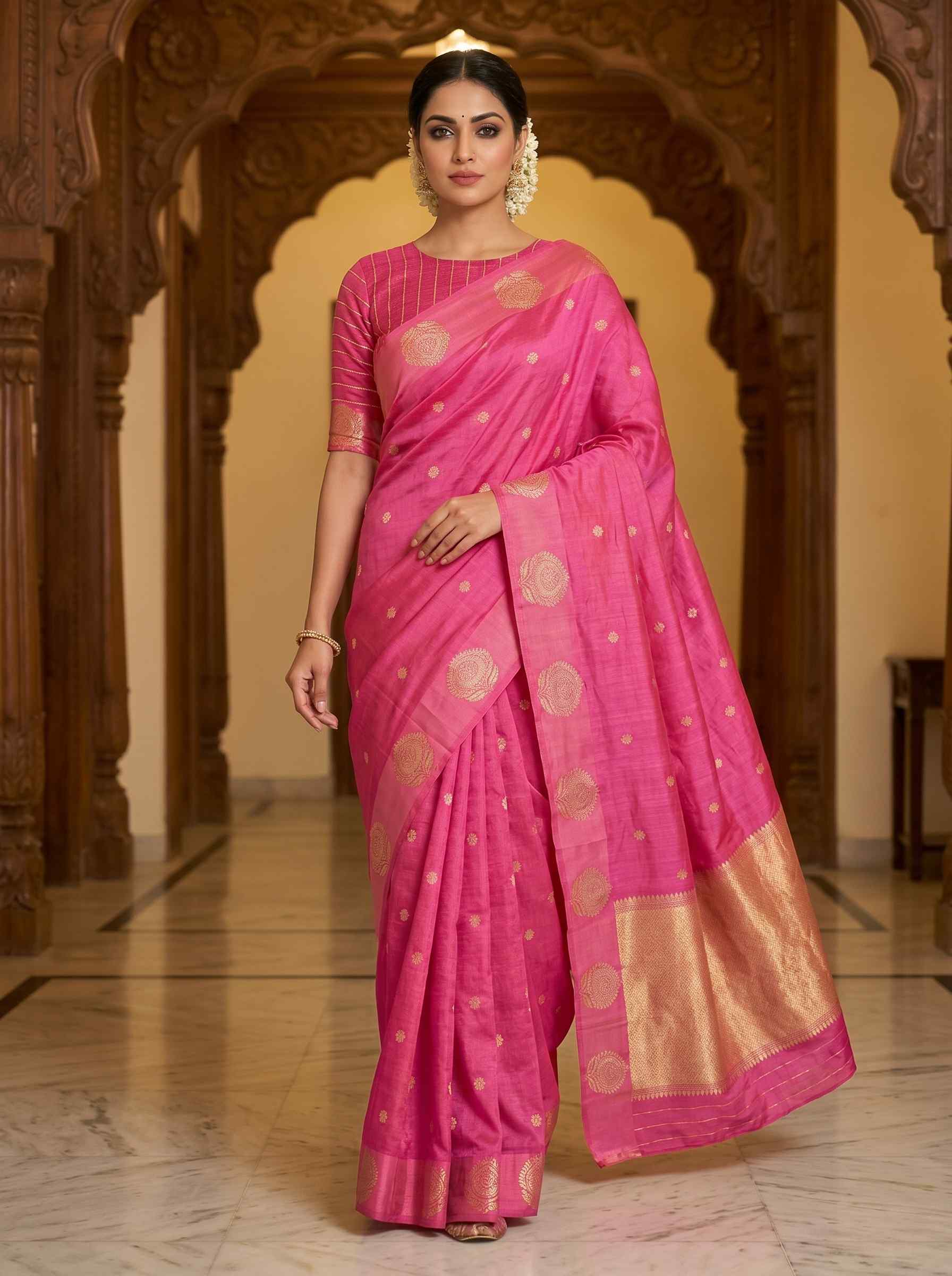 Pink Handwoven Mango Silk Banarasi Saree
