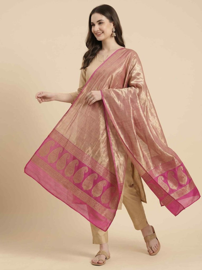 Pink Tissue Silk Pure Banarasi Dupatta With Floral Boota Work