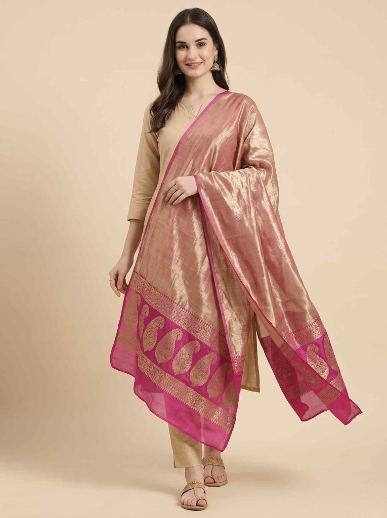 Pink Tissue Silk Pure Banarasi Dupatta With Floral Boota Work