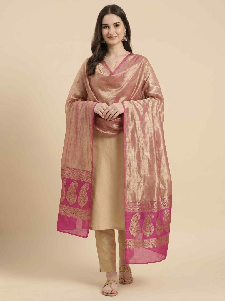 Pink Tissue Silk Pure Banarasi Dupatta With Floral Boota Work