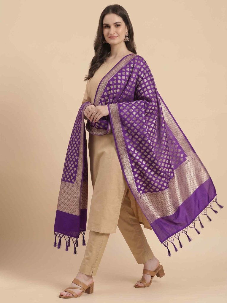 Purple Semi Kataan Silk Banarasi Dupatta With Beautiful Booti Zari Work
