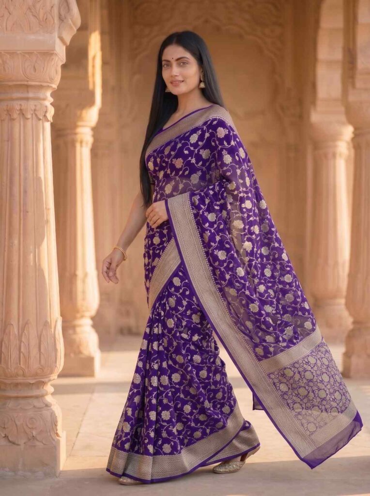 Purple Handwoven Khaddi Georgette Banarasi Silk Saree