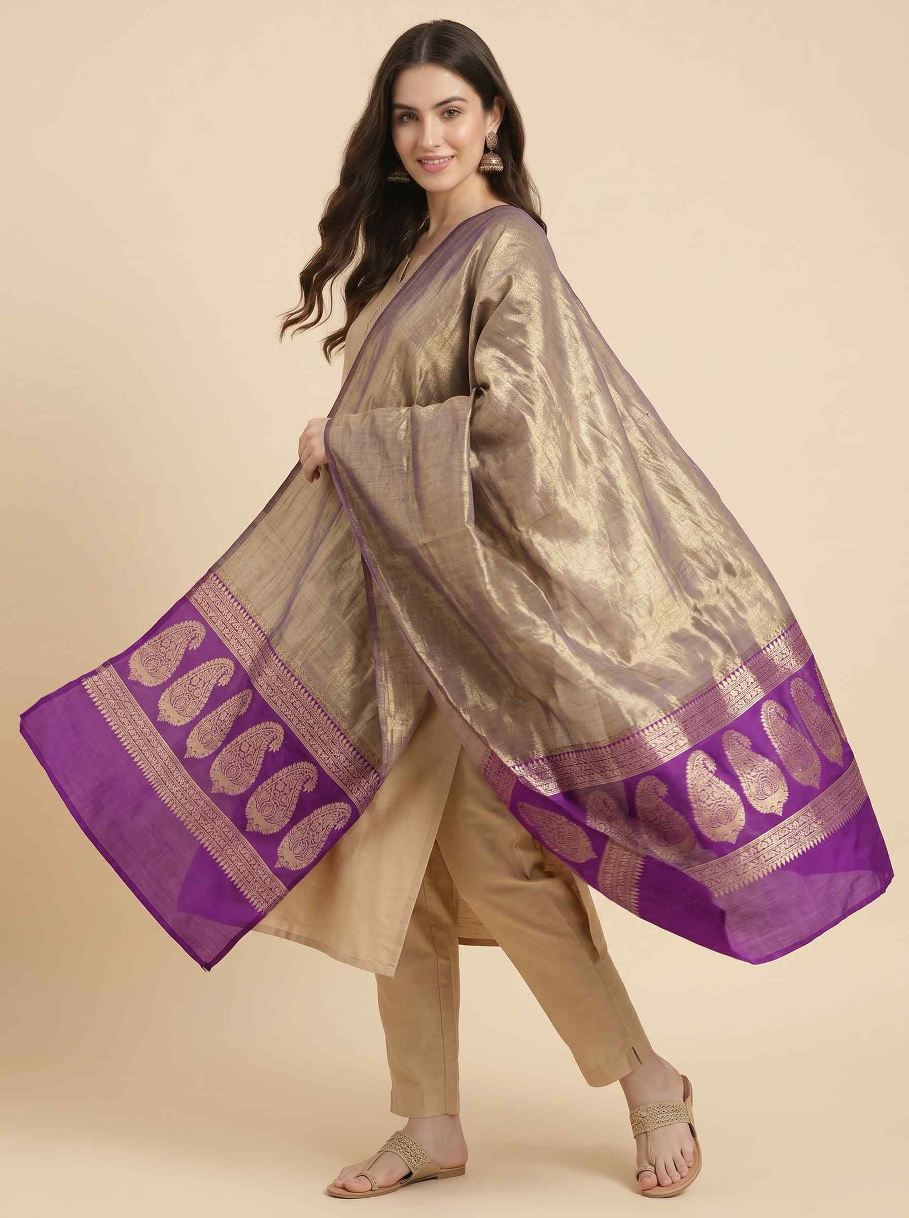 Purple Tissue Silk Pure Banarasi Dupatta With Floral Boota Work