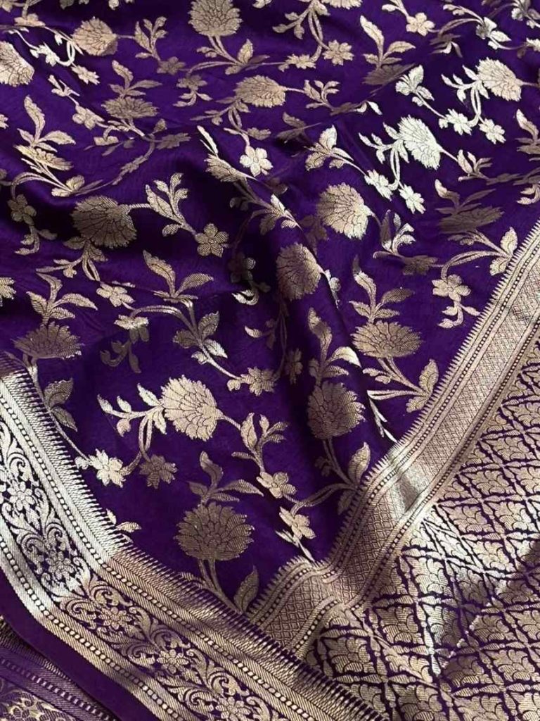 Purple Viscose Silk Pure Banarasi Saree With Beautiful Floral Zari Jaal Work
