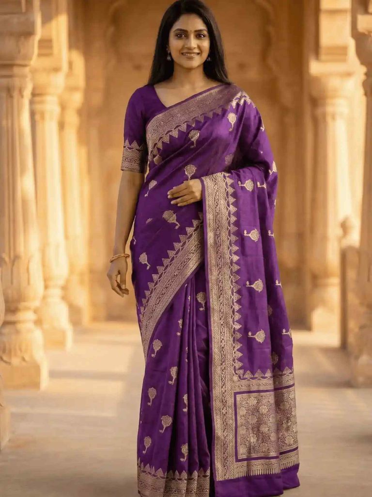 Purple Viscose Silk Pure Banarasi Saree With Beautiful Floral & Minakari Work