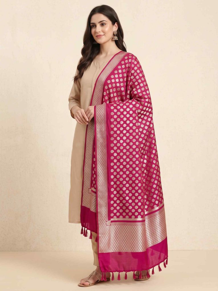 Rani Pink Semi Kataan Silk Banarasi Dupatta With Beautiful Booti Zari Work