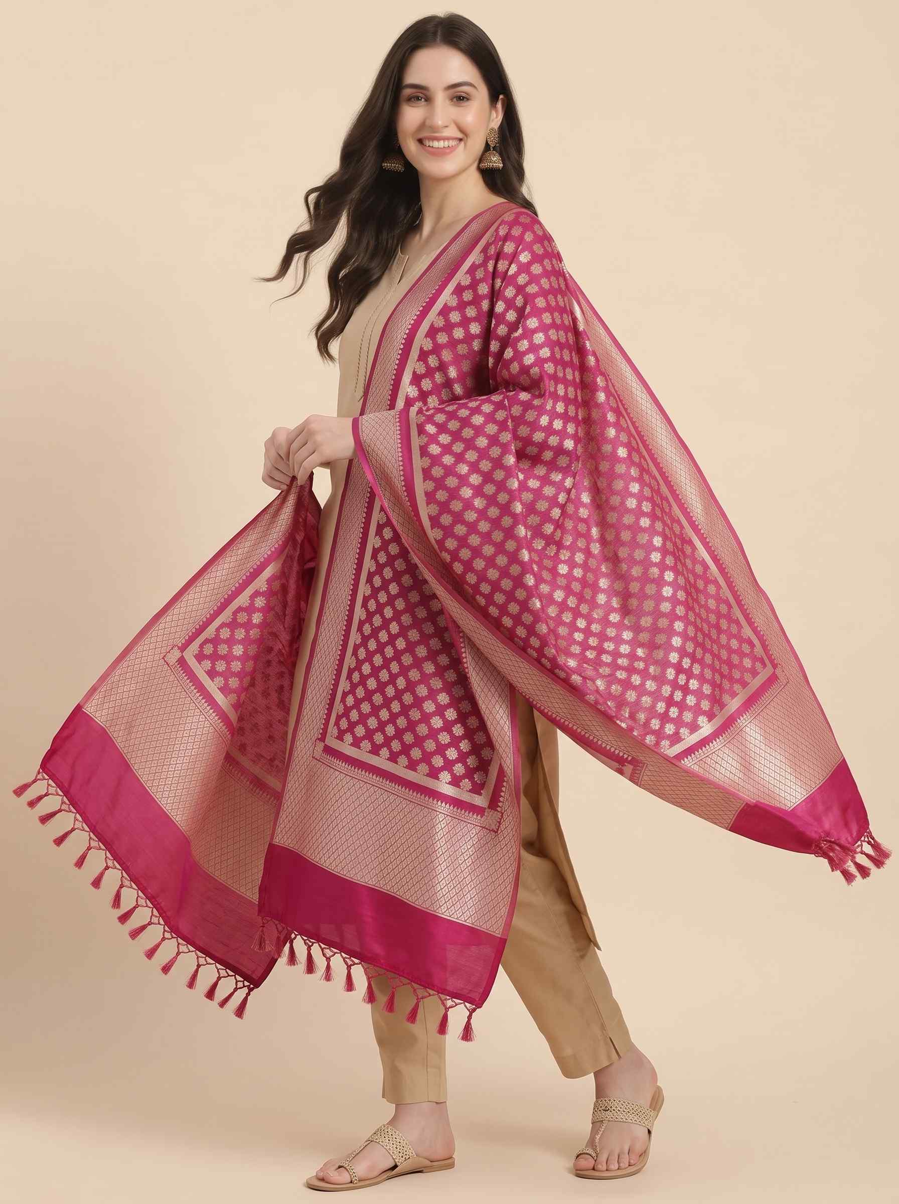 Rani Pink Semi Kataan Silk Banarasi Dupatta With Beautiful Booti Zari Work