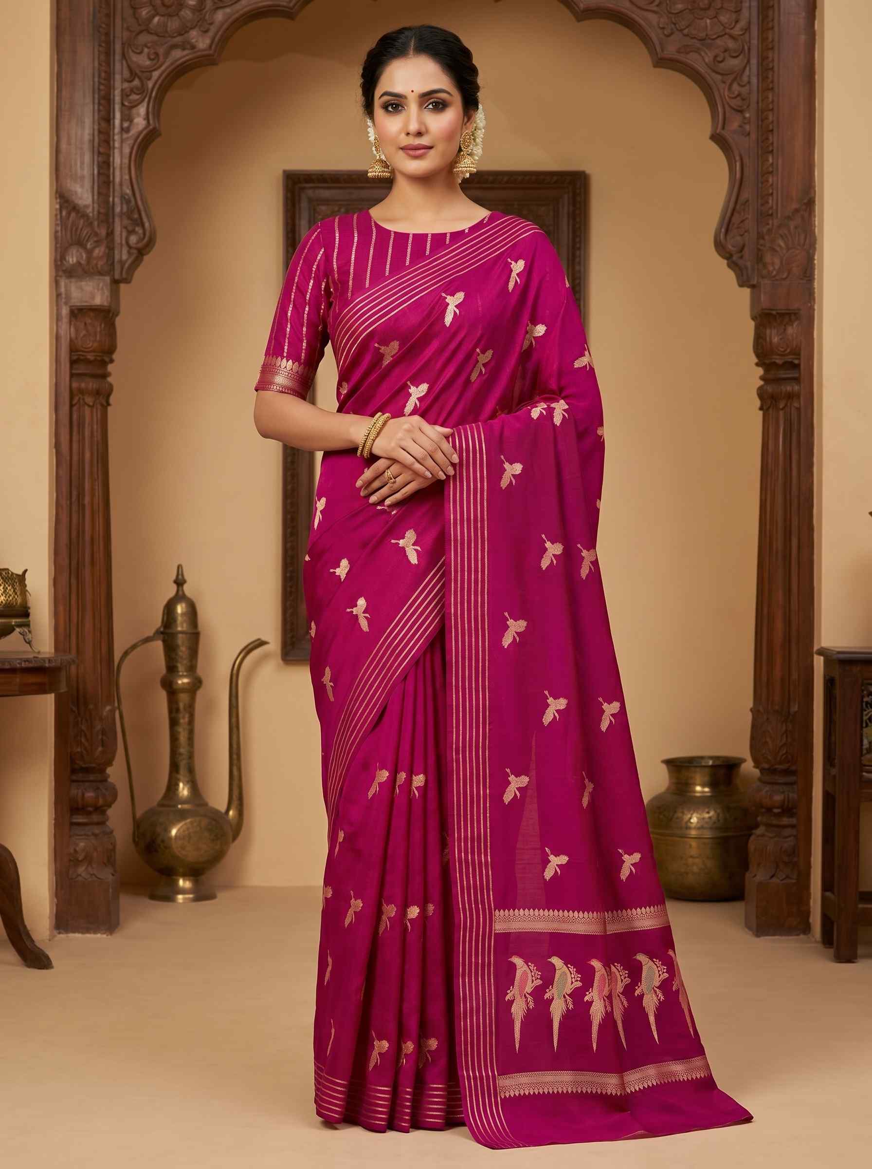 Magenta Handwoven Raw Mango Silk Banarasi Saree