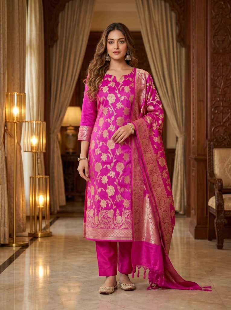 Rani Pink Semi Silk Banarasi Dress Material