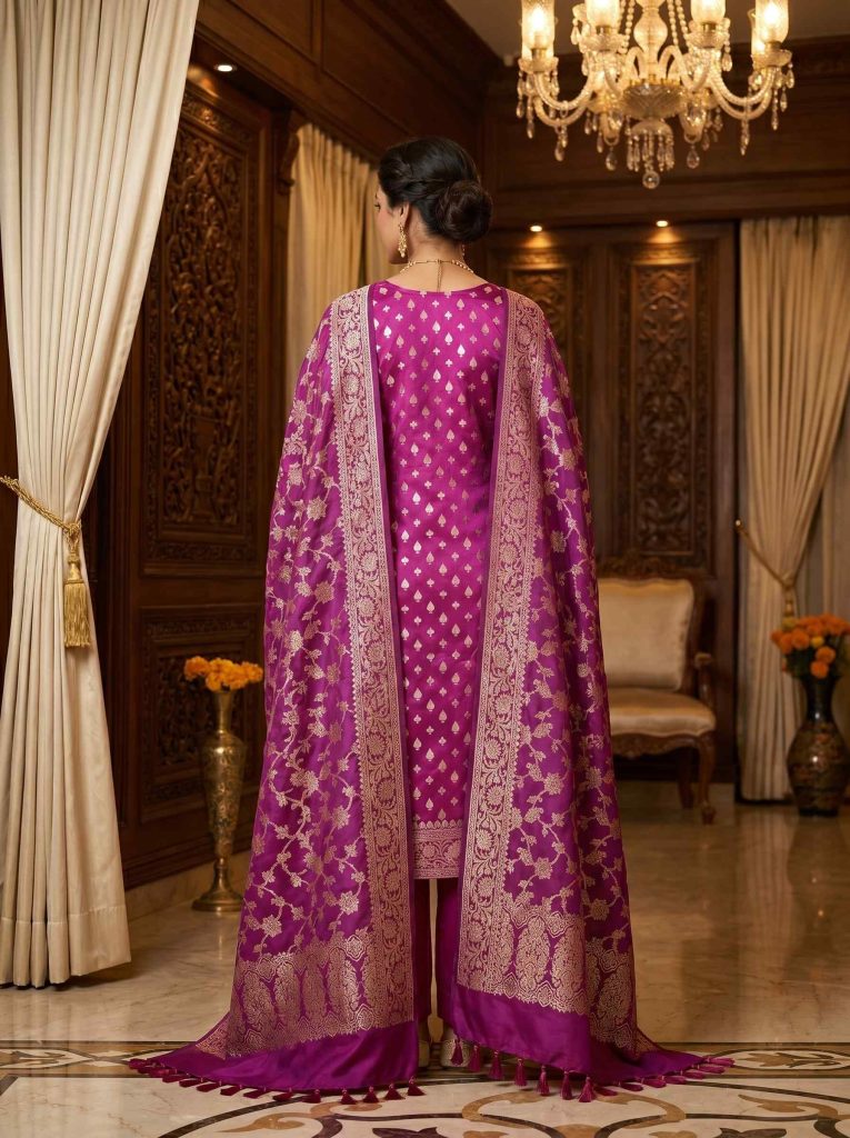 Wine Semi Silk Banarasi Dress Material