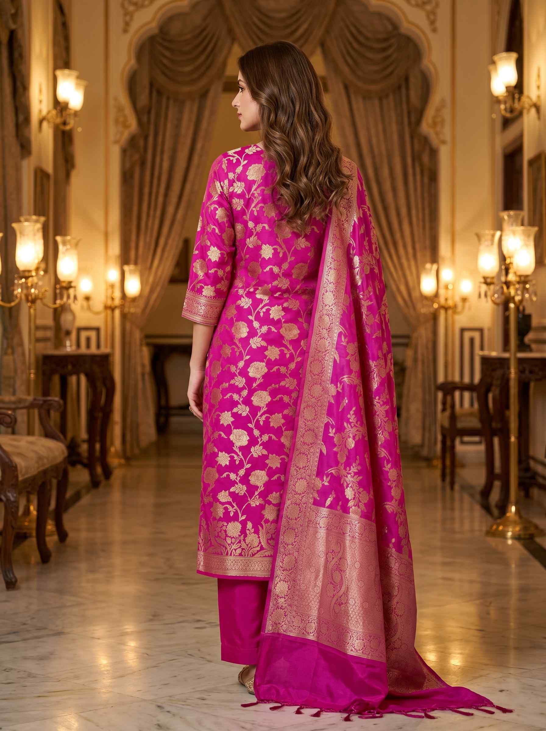 Rani Pink Semi Silk Banarasi Dress Material
