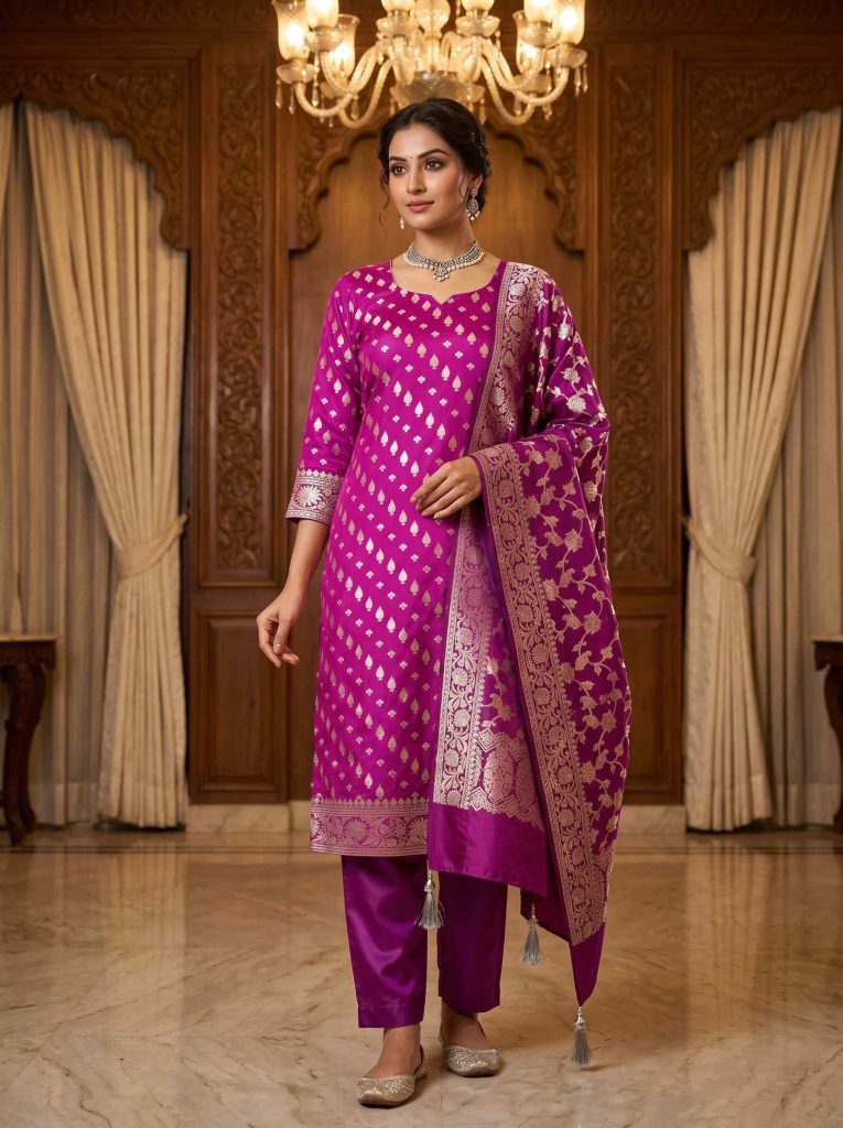 Wine Semi Silk Banarasi Dress Material