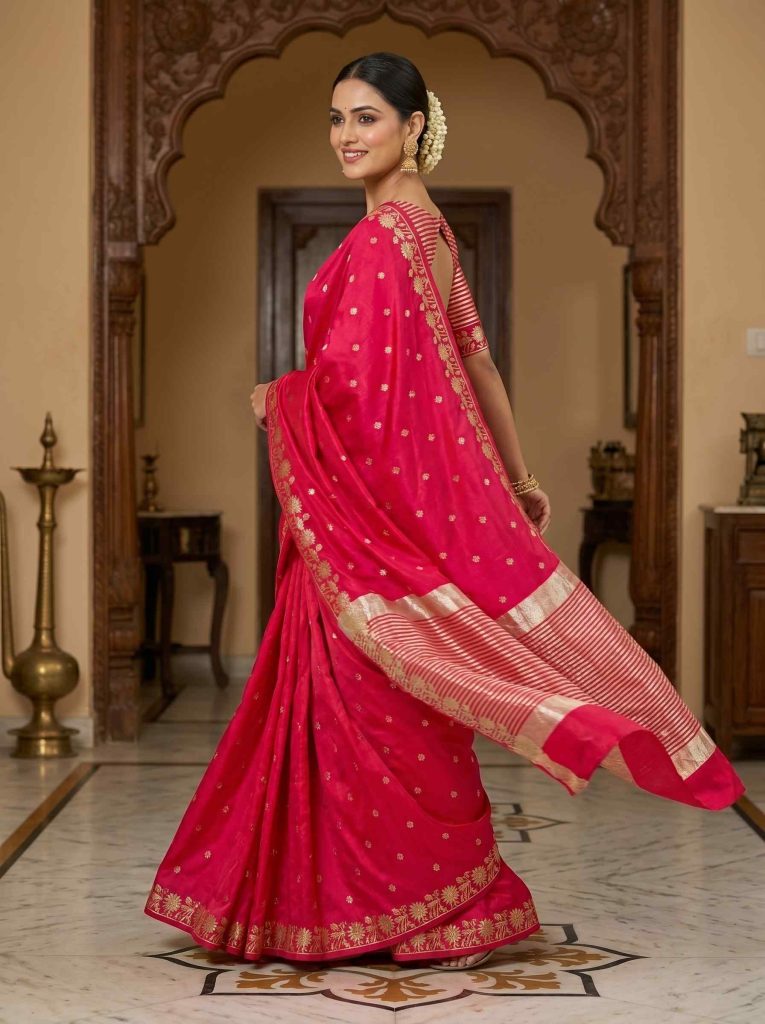 Red Chiniya Silk Pure Banarasi Saree With Beautiful Booti & Floral Zari Border Work