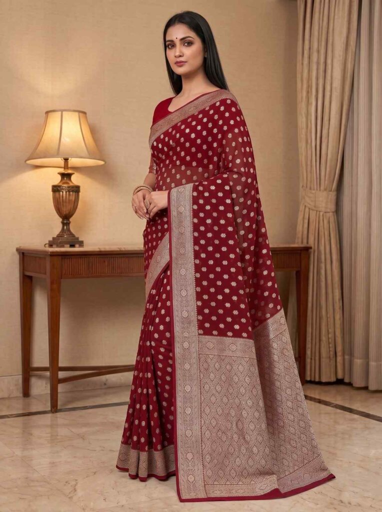 Red Khaddi Georgette Banarasi Silk Saree