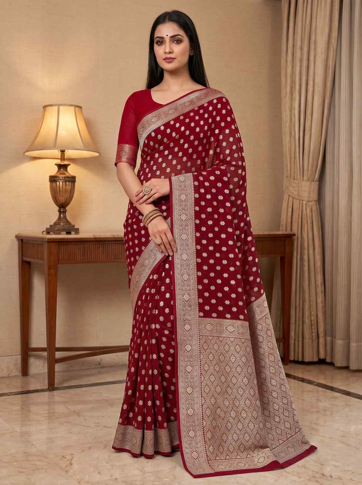 Red Khaddi Georgette Banarasi Silk Saree