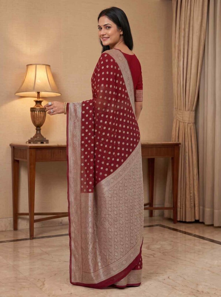 Red Khaddi Georgette Banarasi Silk Saree