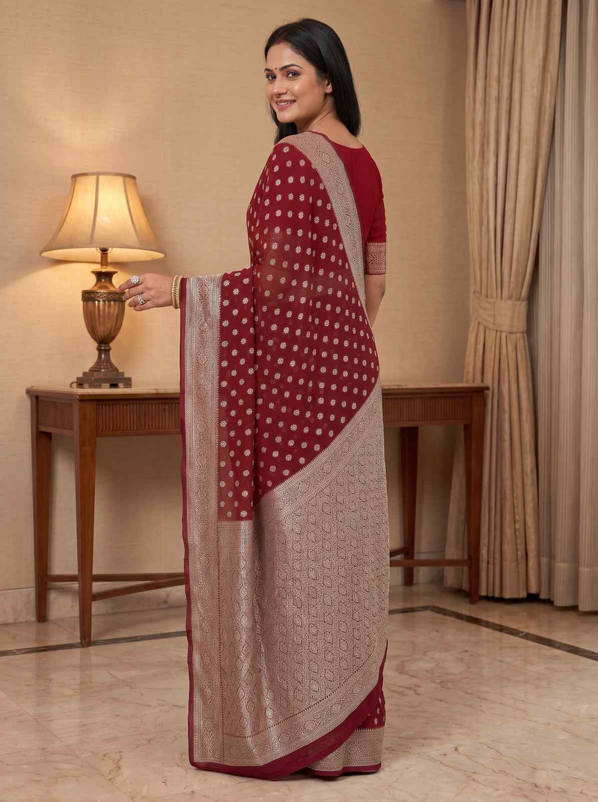 Red Khaddi Georgette Banarasi Silk Saree