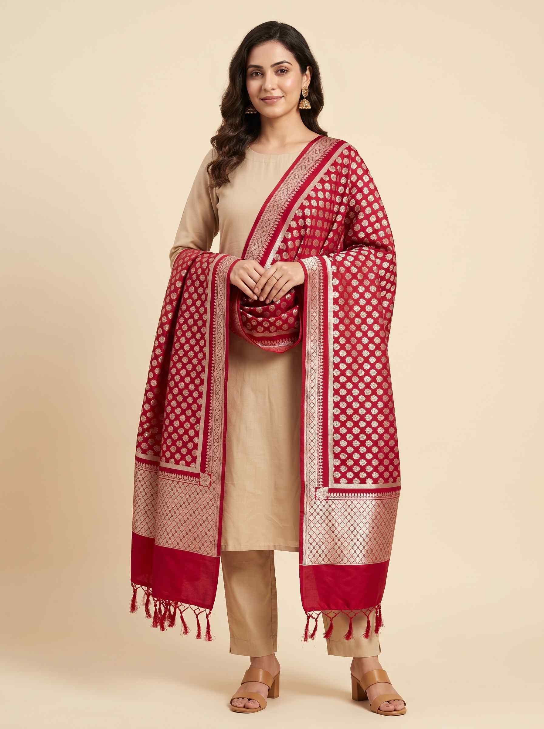 Red Semi Kataan Silk Banarasi Dupatta With Beautiful Booti Zari Work