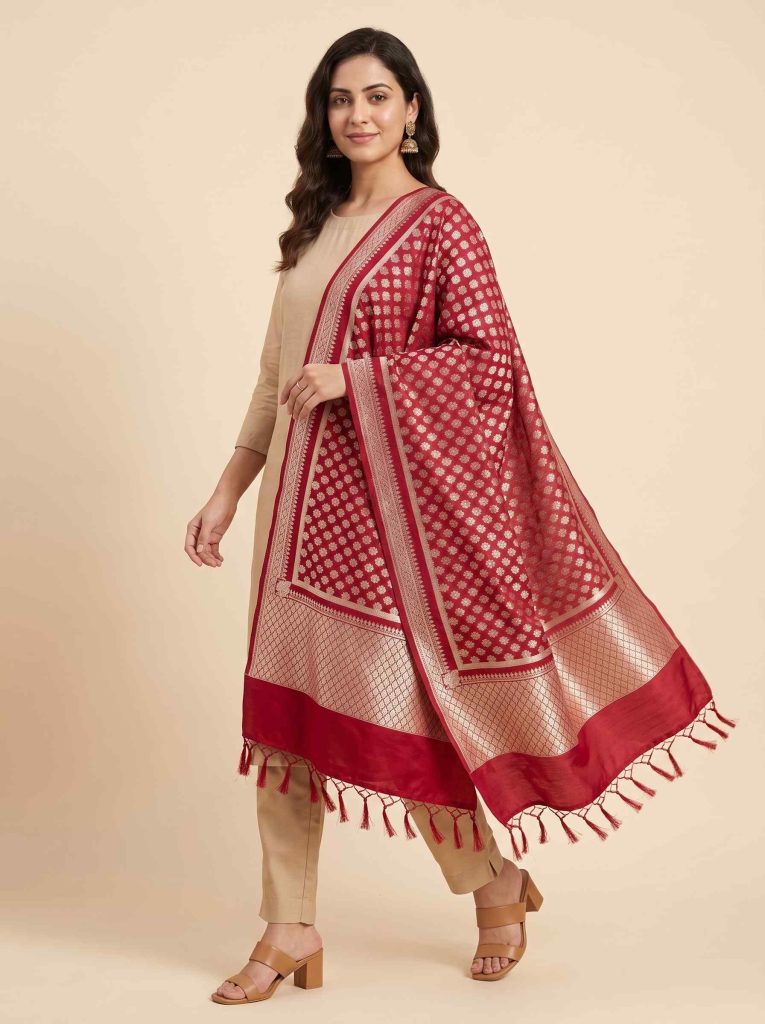 Red Semi Kataan Silk Banarasi Dupatta With Beautiful Booti Zari Work