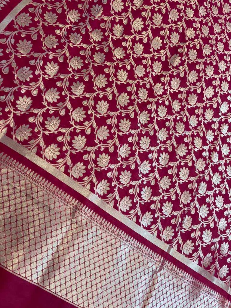 Red Kataan Silk Banarasi Dupatta With Beautiful Floral Jaal Zari Work